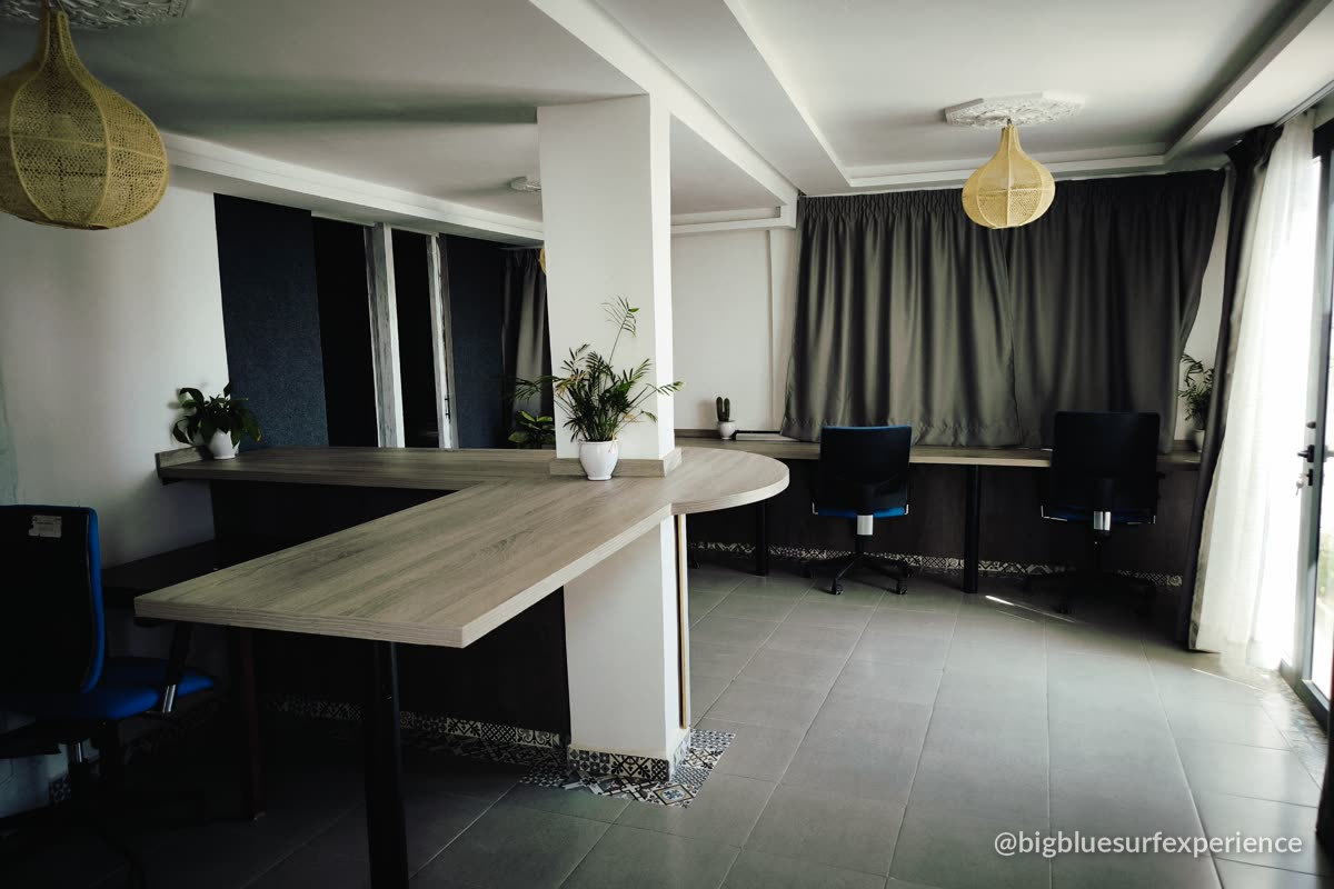 BigBlue Coworking Space in Taghazout, desks and soundproofed call booths with ocean light