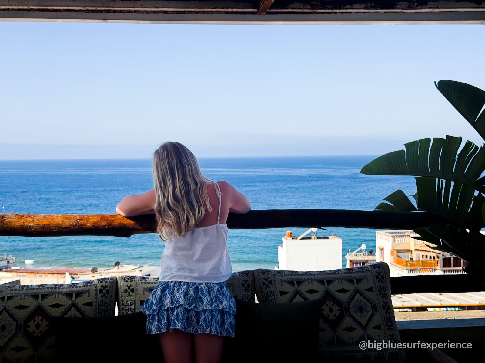 Ocean-view rooftop terrace at BigBlue Surf Hostel in Taghazout village